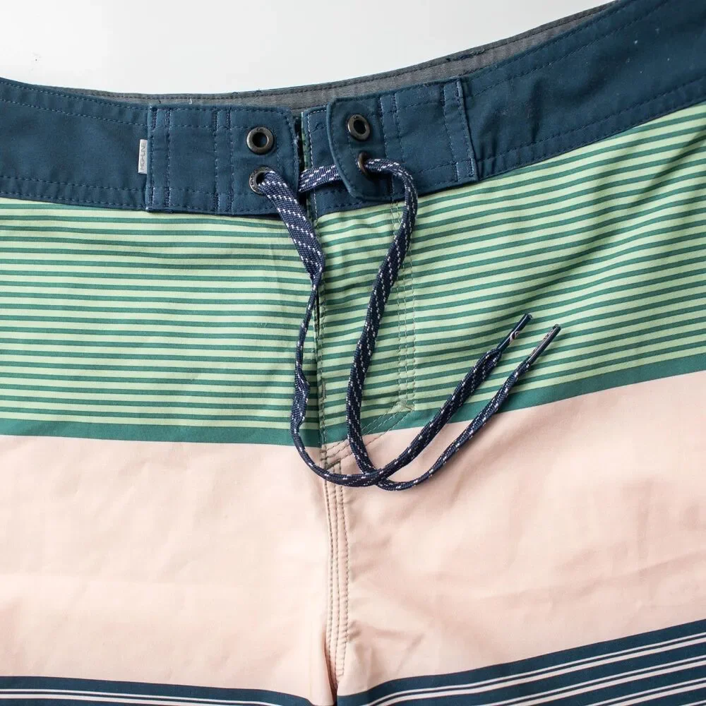 Quiksilver Highline Board Shorts Youth Boys 26/12 Green Blue Striped Surf Swim